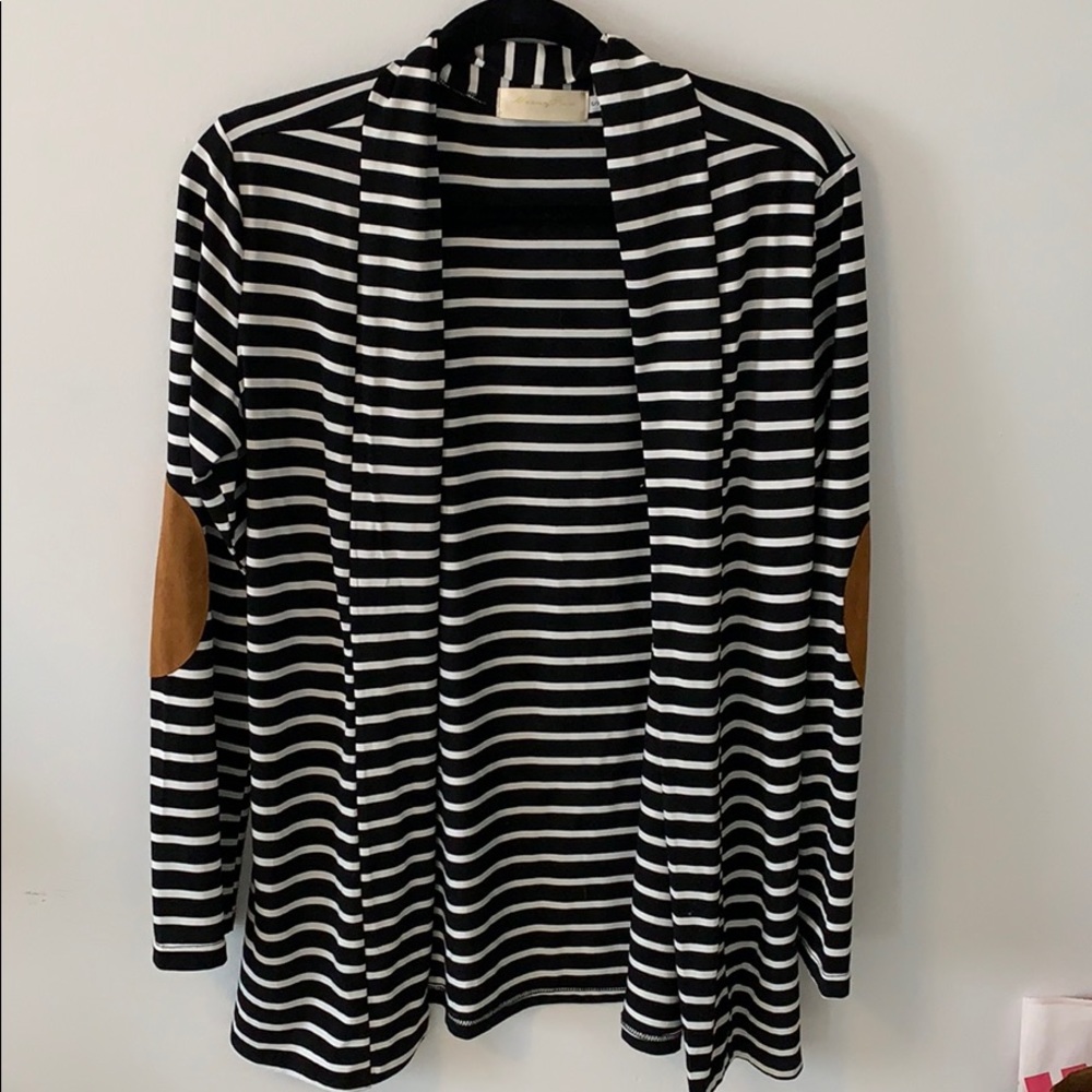 Black and White Striped Cardigan with Elbow Pads